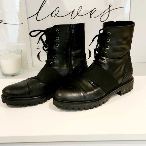 Black soft calfskin leather combat motorcycle Chelsea boots made in Italy - Picture 2 of 11